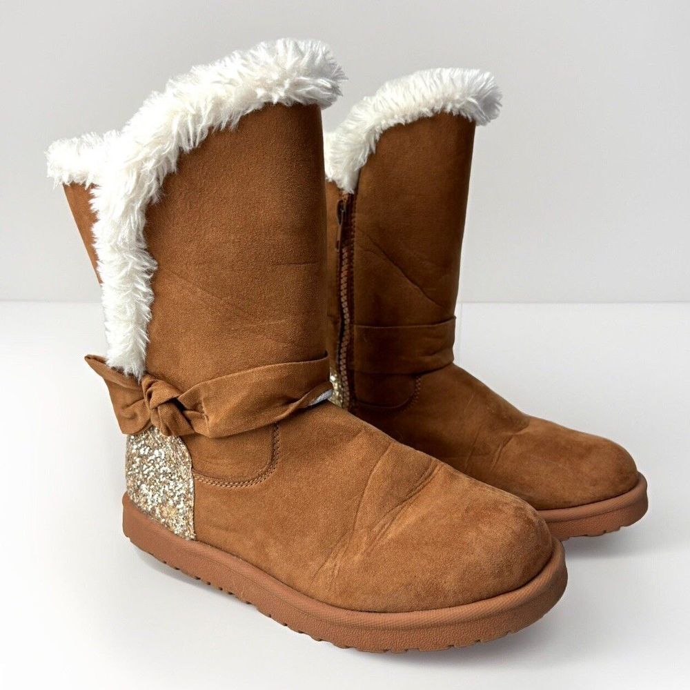 Girls Magellan Brown Faux Suede Fur Sherpa‎ Boots Sparkle Youth 2 Bow Binge EUC - Picture 3 of 7